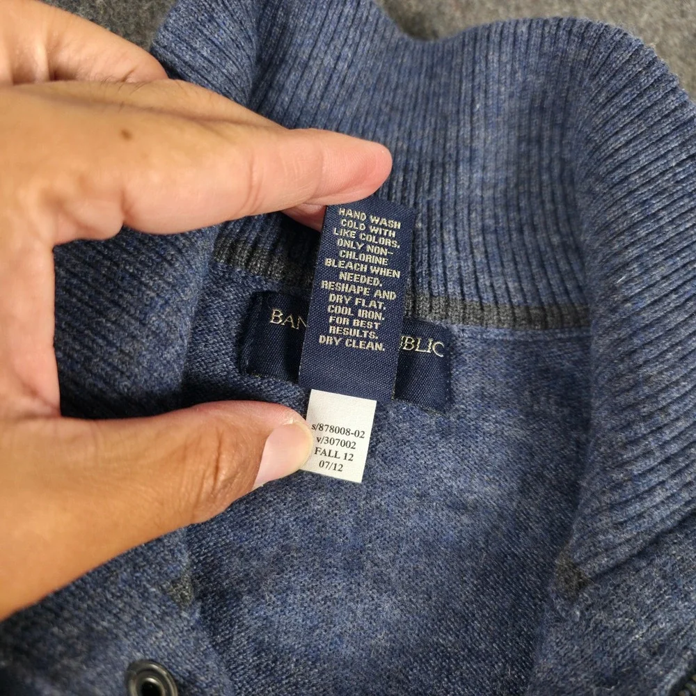 Banana Republic Sweater Mens XL Blue Merino Wool Quarter Zip Snap Mock Neck Knit